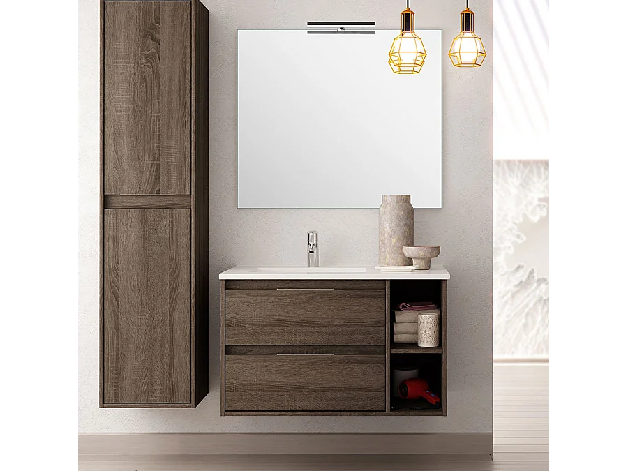 Meuble de salle de bain vasque déportée 2 tiroirs OLYMPE et miroir Led STAM - britannia (chêne foncé) - 80cm