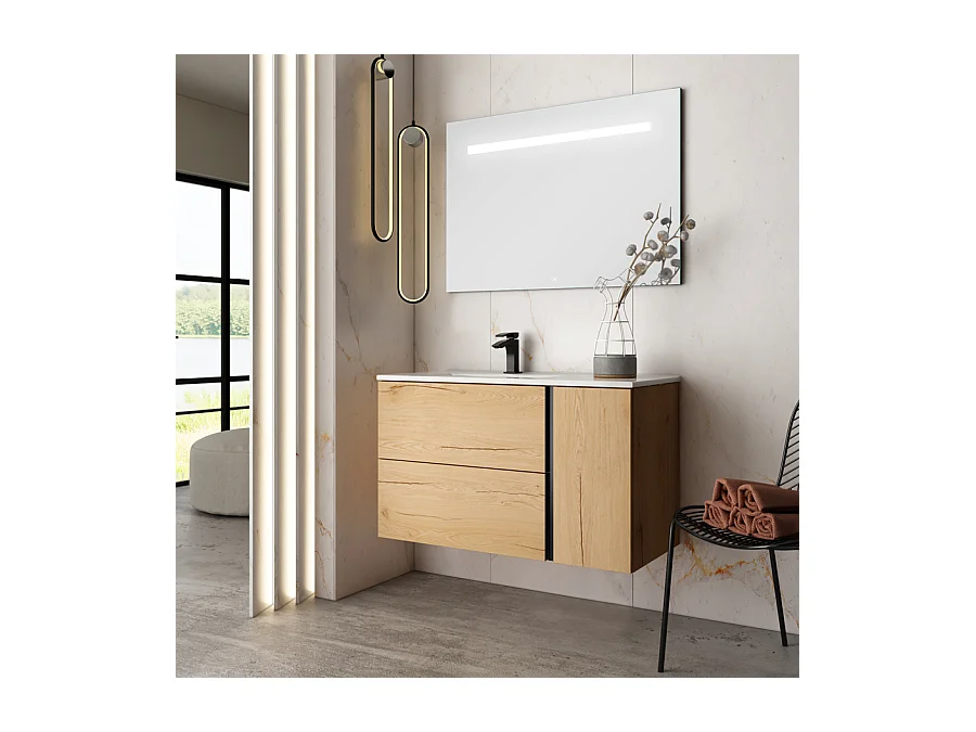 Meuble de salle de bain vasque déportée - 2 tiroirs - PRADO et miroir Led STAM - roble (chêne clair) - 100cm