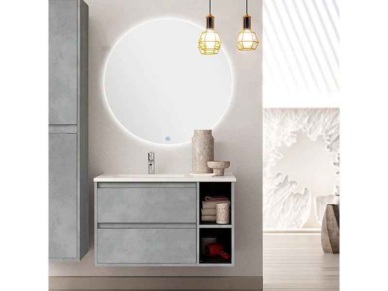 Meuble de salle de bain vasque déportée - 2 tiroirs - OLYMPE et miroir rond Led SOLEN - ciment (gris) - 80cm