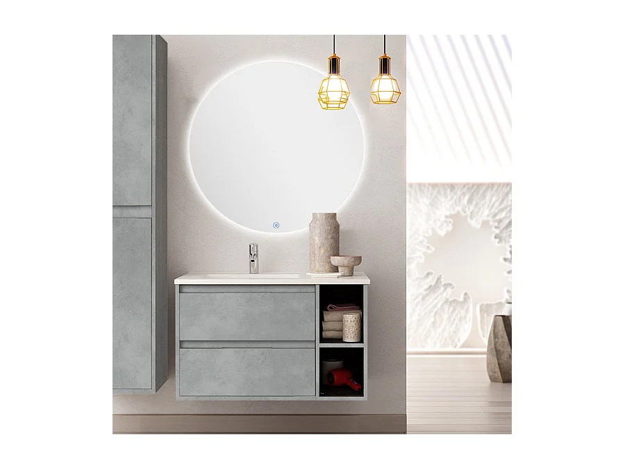 Meuble de salle de bain vasque déportée - 2 tiroirs - OLYMPE et miroir rond Led SOLEN - ciment (gris) - 80cm