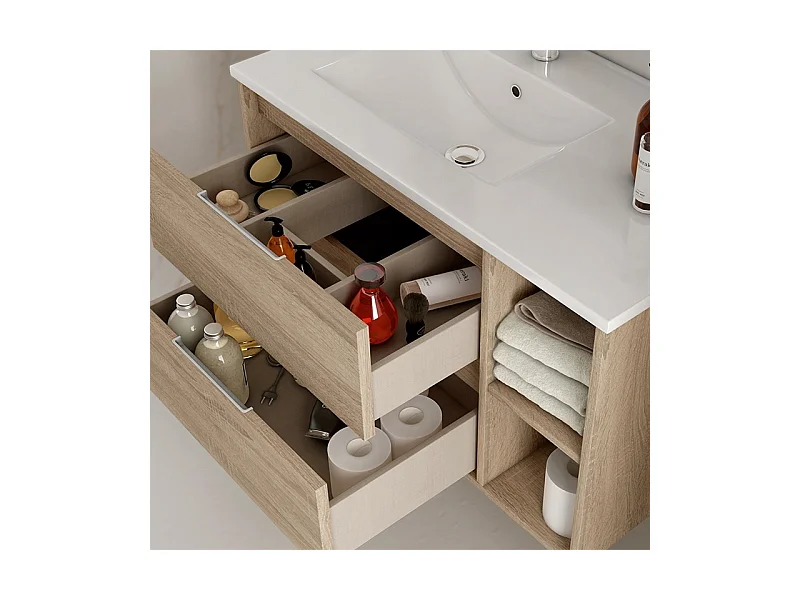 Meuble de salle de bain vasque déportée - 2 tiroirs - OLYMPE et miroir rond Led SOLEN - ciment (gris) - 80cm