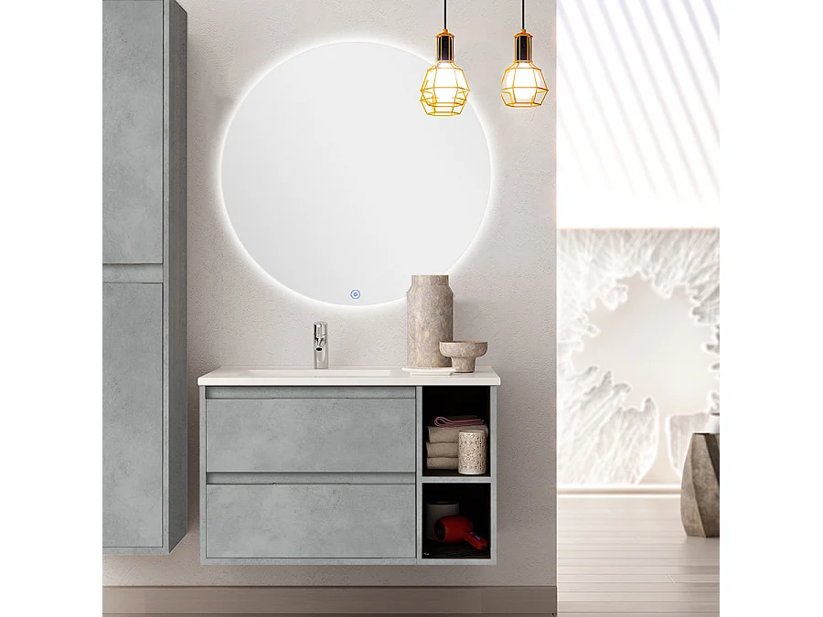 Meuble de salle de bain vasque déportée - 2 tiroirs - OLYMPE et miroir rond Led SOLEN - ciment (gris) - 80cm