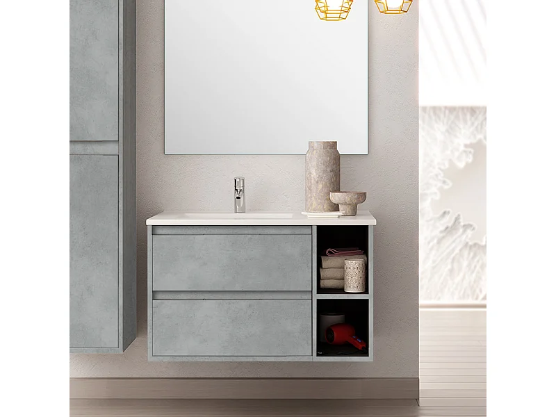 Meuble de salle de bain vasque déportée - 2 tiroirs - OLYMPE et miroir rond Led SOLEN - ciment (gris) - 80cm