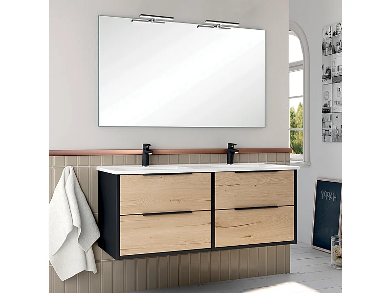 Meuble de salle de bain 120cm double vasque - 4 tiroirs - ALBA - noir/roble
