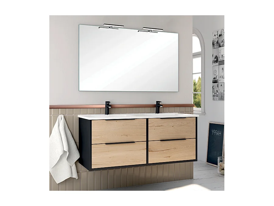 Meuble de salle de bain 120cm double vasque - 4 tiroirs - ALBA - noir/roble