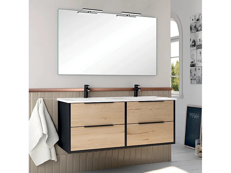 Meuble de salle de bain 120cm double vasque - 4 tiroirs - ALBA - noir/roble