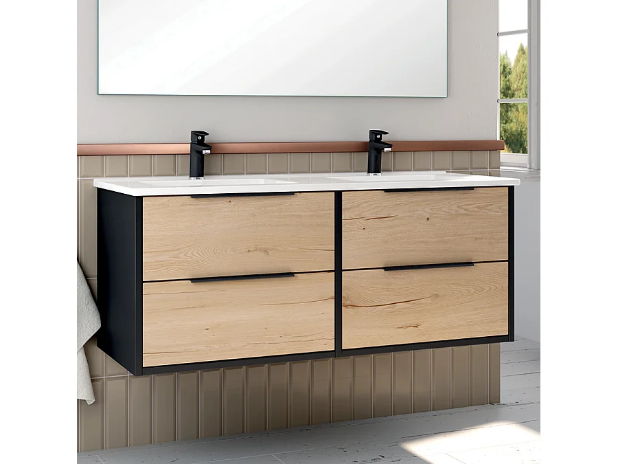 Meuble de salle de bain 120cm double vasque - 4 tiroirs - ALBA - noir/roble