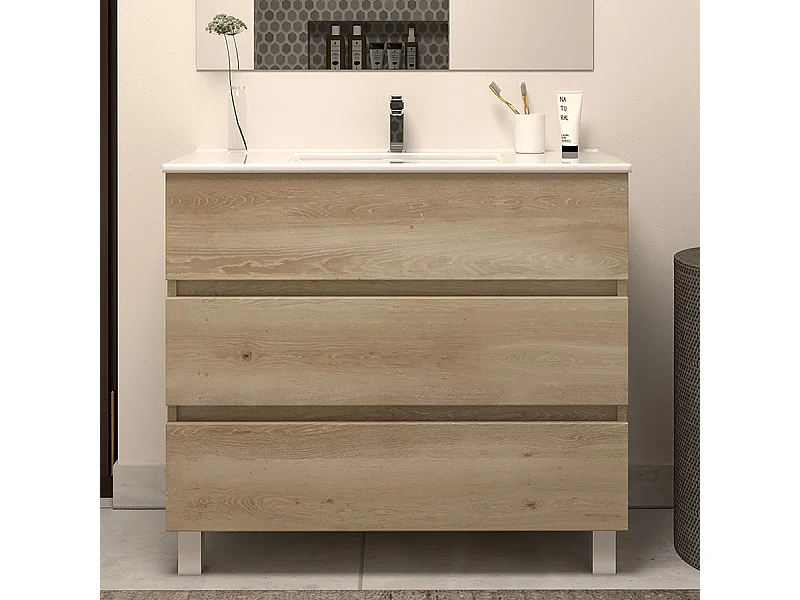 Meuble de salle de bain 80cm simple vasque - sans miroir - 3 tiroirs - nebraska (bois clair) - MAYOR