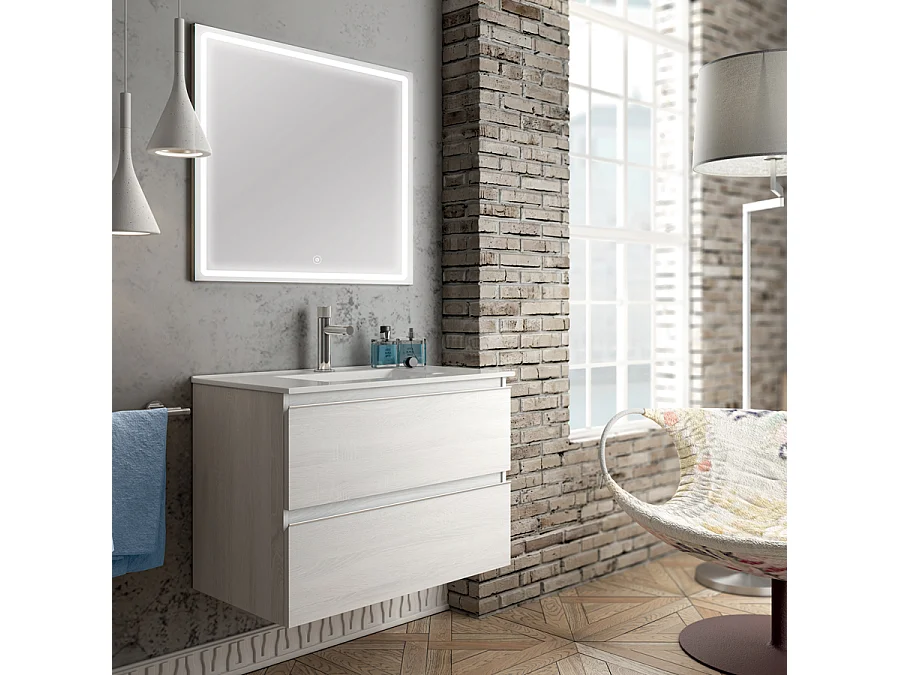 Meuble de salle de bain simple vasque - 2 tiroirs - BALEA et miroir Led VELDI - hibernian (bois blanchi) - 70cm