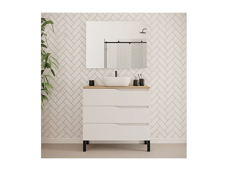 Meuble de salle de bain 90cm avec plateau miel et vasque à poser zeus - 3 tiroirs - blanc - MATA