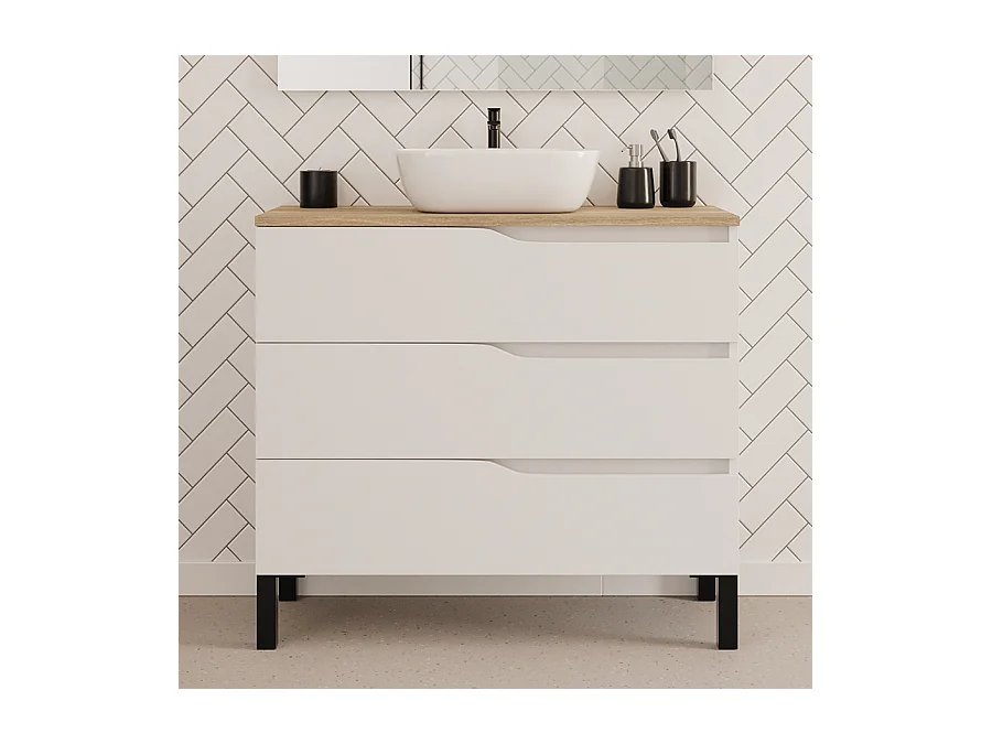 Meuble de salle de bain 90cm avec plateau miel et vasque à poser zeus - 3 tiroirs - blanc - MATA