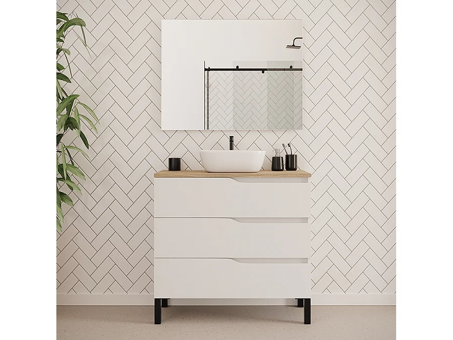Meuble de salle de bain 90cm avec plateau miel et vasque à poser zeus - 3 tiroirs - blanc - MATA