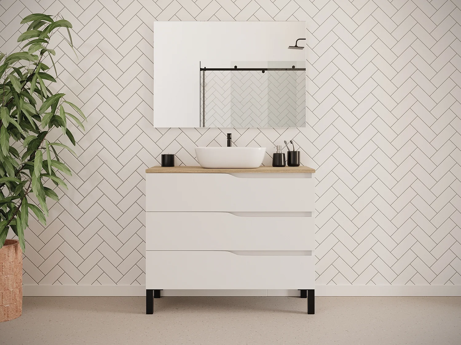 Meuble de salle de bain 90cm avec plateau miel et vasque à poser zeus - 3 tiroirs - blanc - MATA