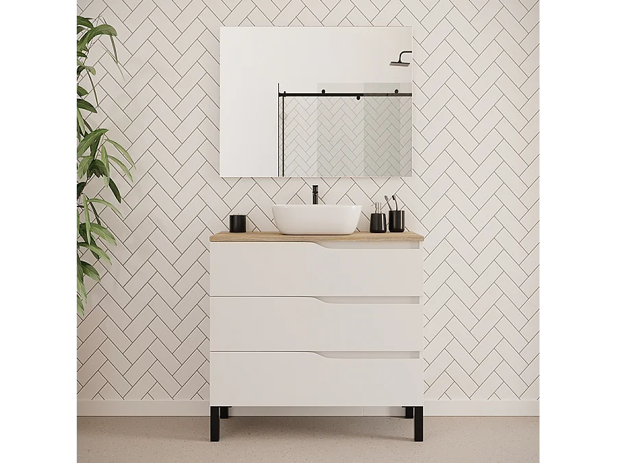 Meuble de salle de bain 90cm avec plateau miel et vasque à poser zeus - 3 tiroirs - blanc - MATA