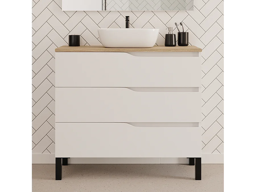 Meuble de salle de bain 90cm avec plateau miel et vasque à poser zeus - 3 tiroirs - blanc - MATA