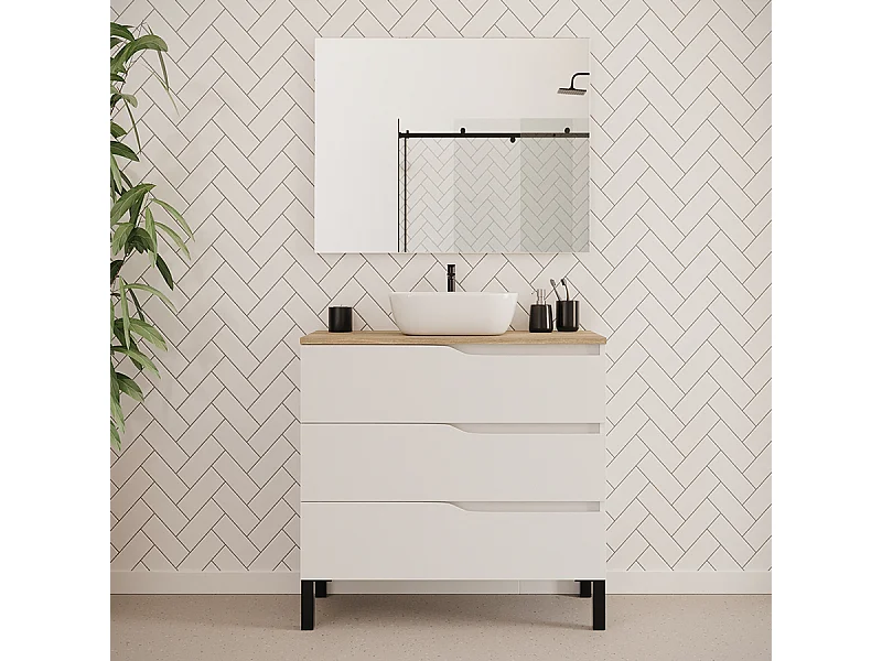 Meuble de salle de bain 90cm avec plateau miel et vasque à poser zeus - 3 tiroirs - blanc - MATA