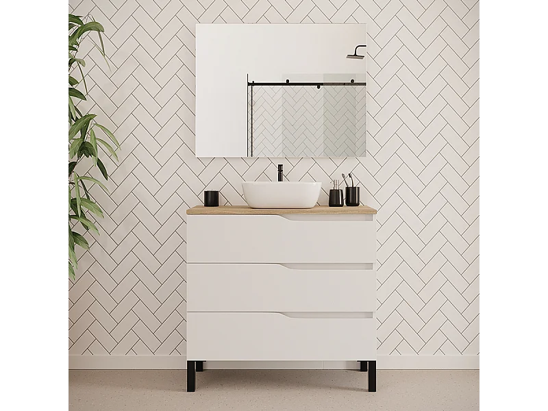 Meuble de salle de bain 90cm avec plateau miel et vasque à poser zeus - 3 tiroirs - blanc - MATA