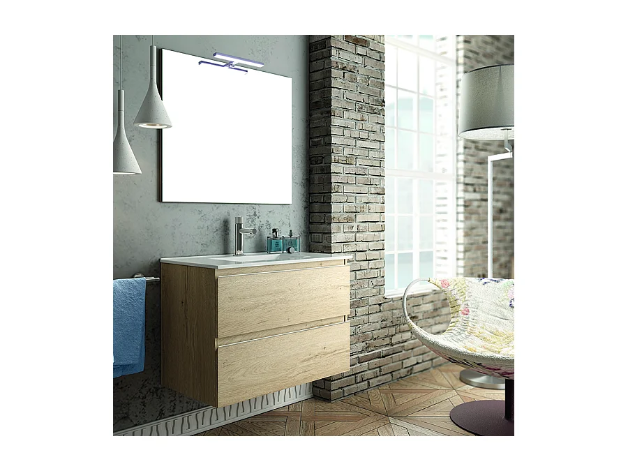 Meuble de salle de bain 60cm simple vasque - 2 tiroirs - BALEA - bambou (chêne clair)