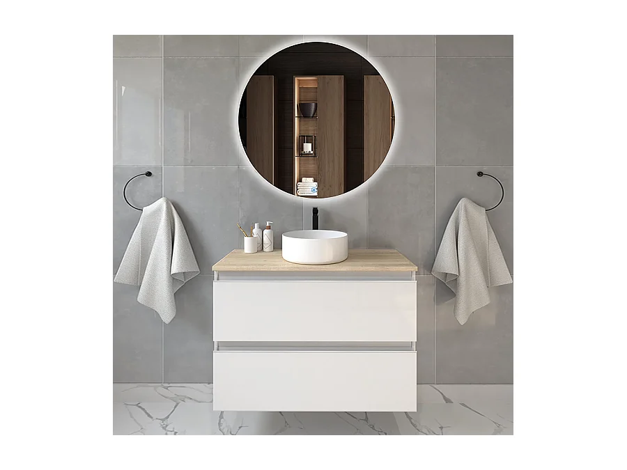 Meuble de salle de bain avec vasque à poser ronde BALEA et miroir rond Led SOLEN - Blanc - 70cm