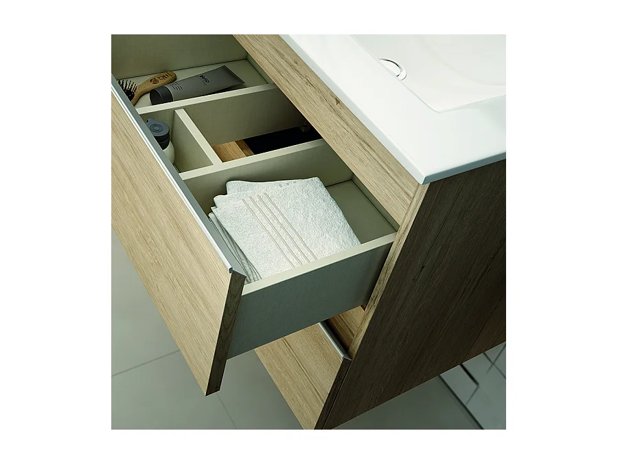 Meuble de salle de bain simple vasque - 2 tiroirs - BALEA et miroir rond Led SOLEN - ciment (gris) - 70cm