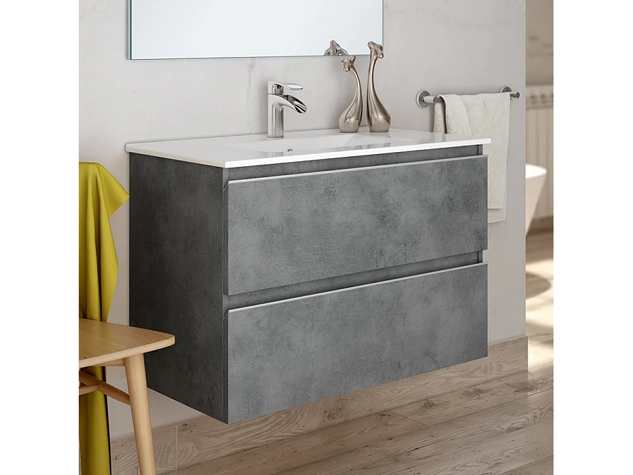 Meuble de salle de bain simple vasque - 2 tiroirs - BALEA et miroir rond Led SOLEN - ciment (gris) - 70cm