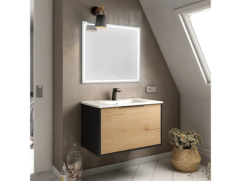 Meuble de salle de bain simple vasque - 1 façade et 2 tiroirs - ALBA et miroir VELDI - noir-Chêne - 80cm