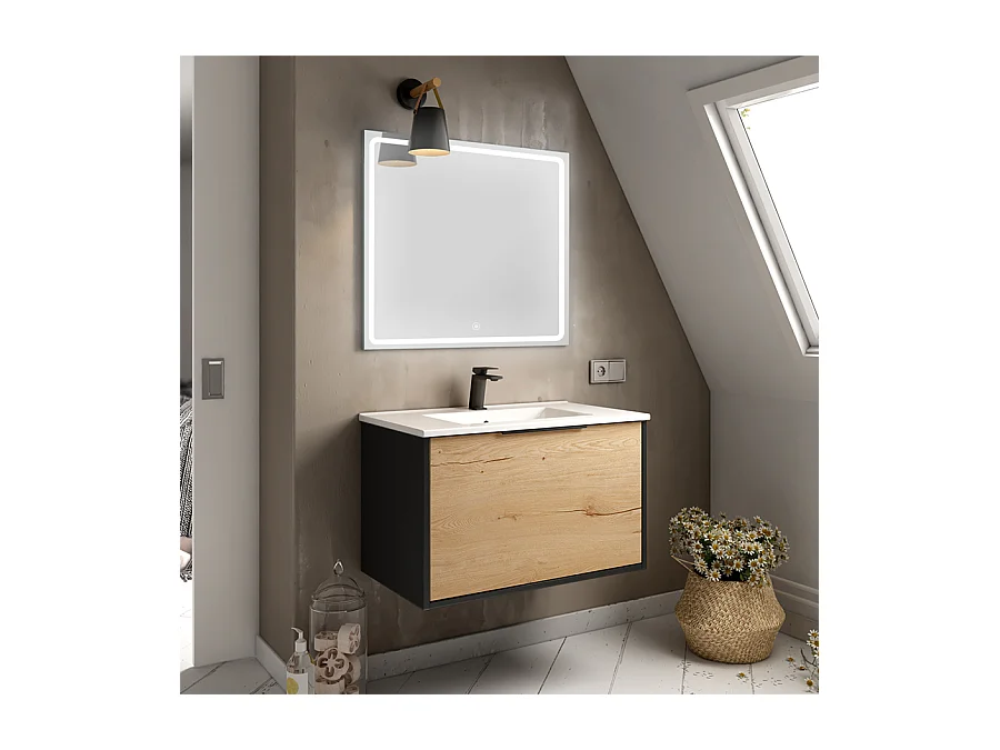 Meuble de salle de bain simple vasque - 1 façade et 2 tiroirs - ALBA et miroir VELDI - noir-Chêne - 80cm