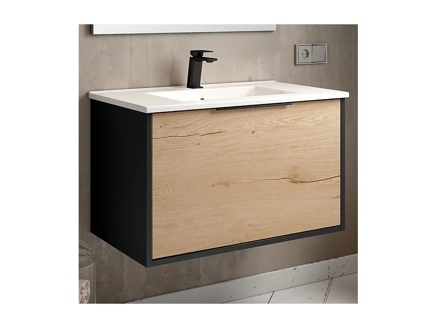Meuble de salle de bain simple vasque - 1 façade et 2 tiroirs - ALBA et miroir VELDI - noir-Chêne - 80cm