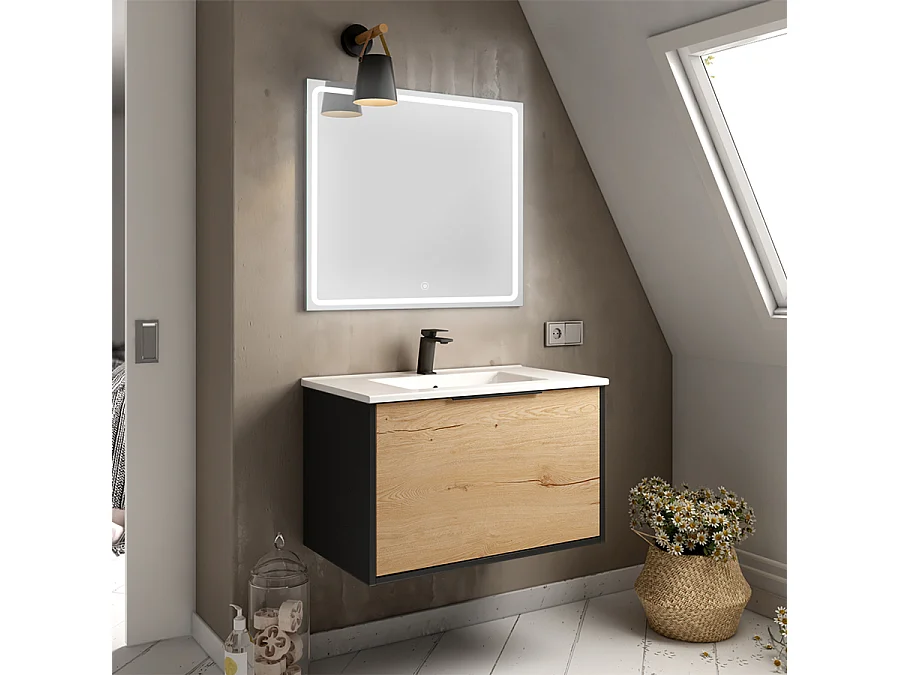 Meuble de salle de bain simple vasque - 1 façade et 2 tiroirs - ALBA et miroir VELDI - noir-Chêne - 80cm