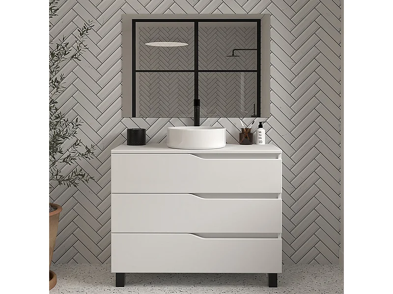 Meuble de salle de bain 100 avec plateau et vasque à poser - 3 tiroirs - blanc - MATA