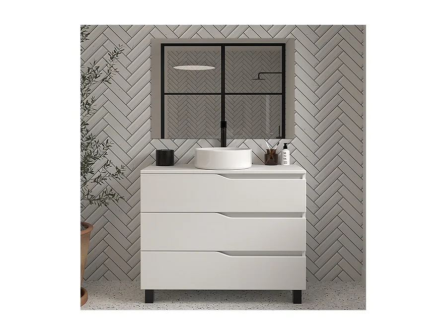 Meuble de salle de bain 100 avec plateau et vasque à poser - 3 tiroirs - blanc - MATA