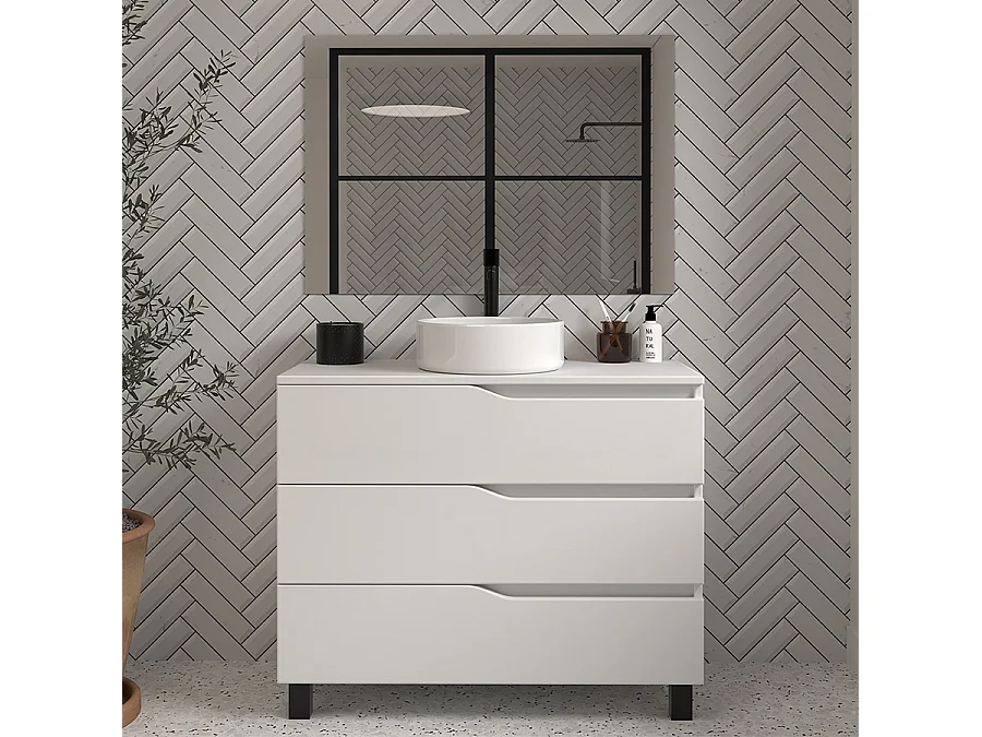 Meuble de salle de bain 100 avec plateau et vasque à poser - 3 tiroirs - blanc - MATA