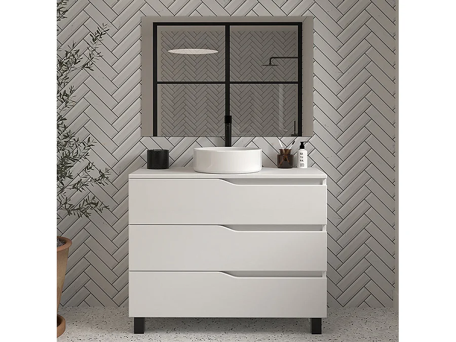 Meuble de salle de bain 100 avec plateau et vasque à poser - 3 tiroirs - blanc - MATA