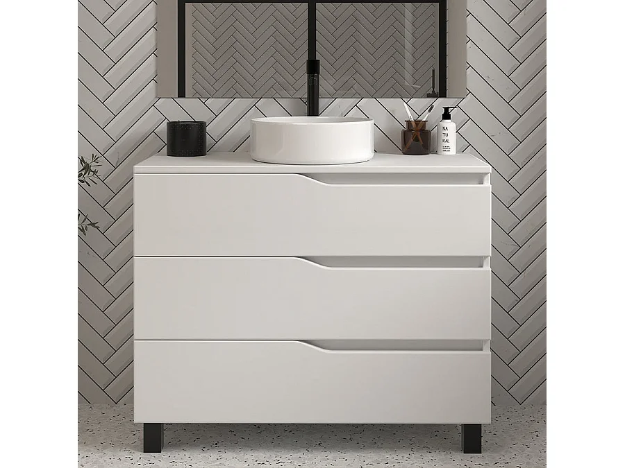 Meuble de salle de bain 100 avec plateau et vasque à poser - 3 tiroirs - blanc - MATA