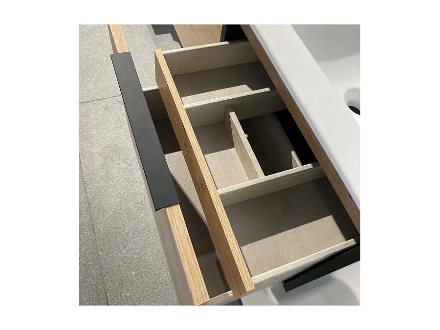 Meuble de salle de bain 80cm simple vasque - 1 façade et 2 tiroirs - sans miroir - ALBA - noir/roble