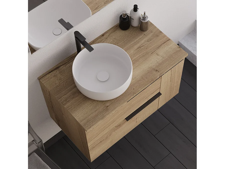 Meuble de salle de bain 80cm avec vasque à poser déportée arrondie - roble (chêne clair) - KING