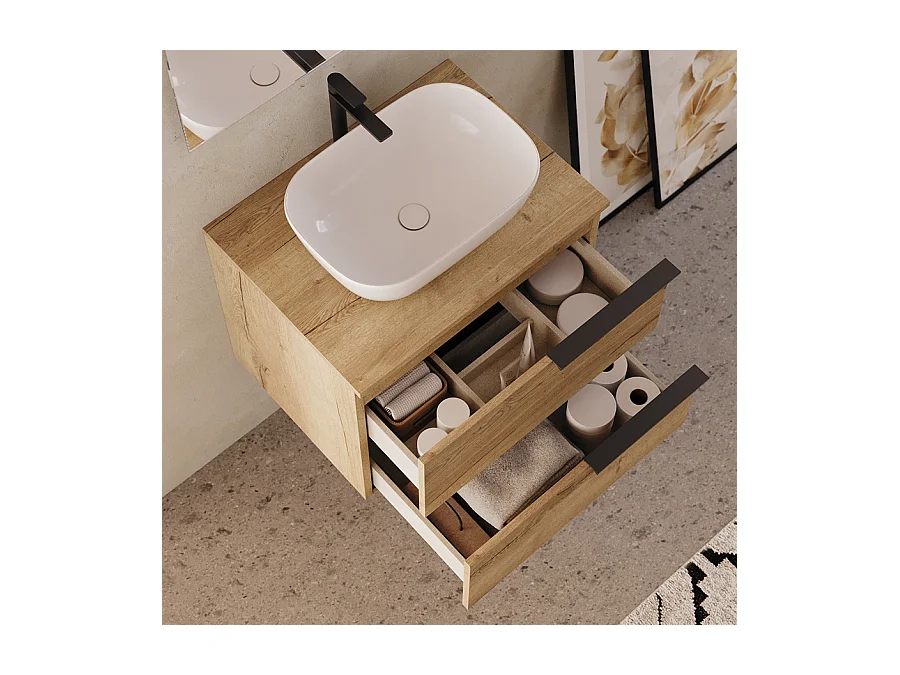 Meuble de salle de bain 60cm avec vasque à poser arrondie - 2 tiroirs - sans miroir - roble (chêne clair) - KING