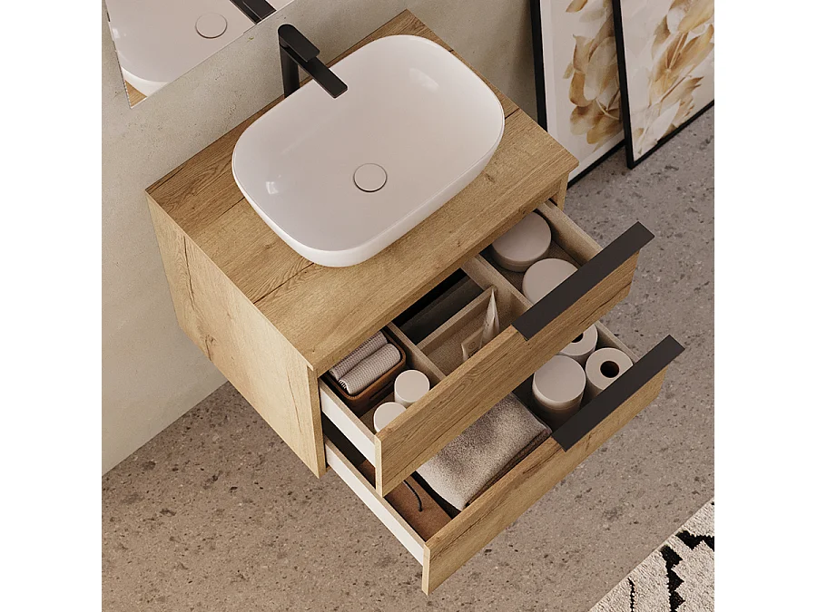 Meuble de salle de bain 60cm avec vasque à poser arrondie - 2 tiroirs - sans miroir - roble (chêne clair) - KING