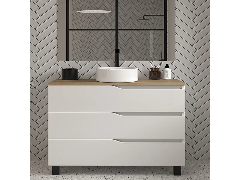 Meuble de salle de bain 120 avec plateau miel et vasque à poser - sans miroir - 3 tiroirs - blanc - MATA