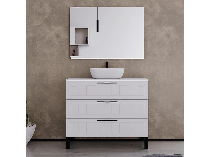 Meuble de salle de bain 100cm avec plateau et vasque à poser ovale - 3 tiroirs - blanc - CALA