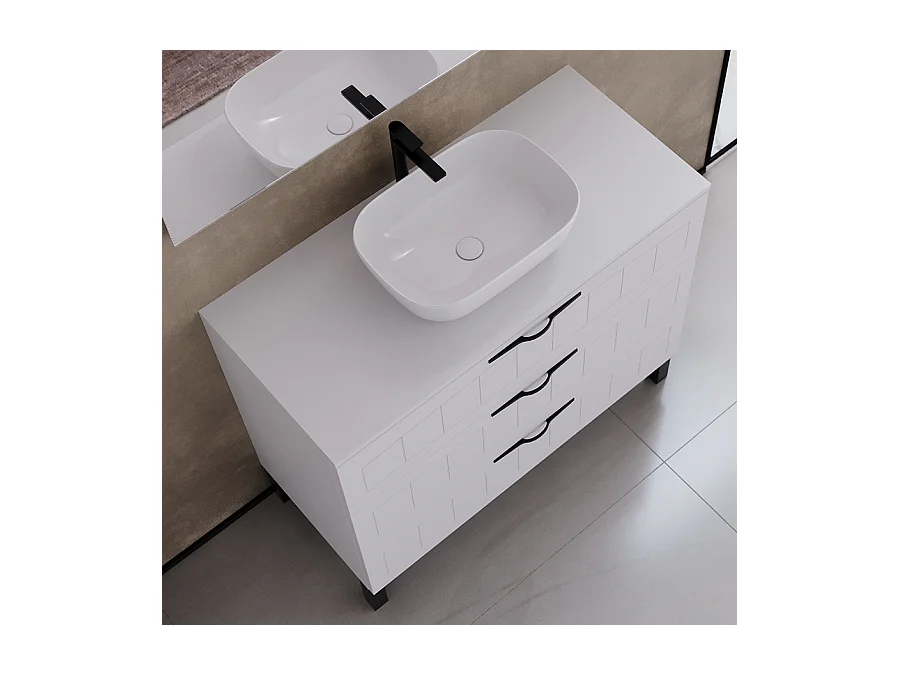 Meuble de salle de bain 100cm avec plateau et vasque à poser ovale - 3 tiroirs - blanc - CALA