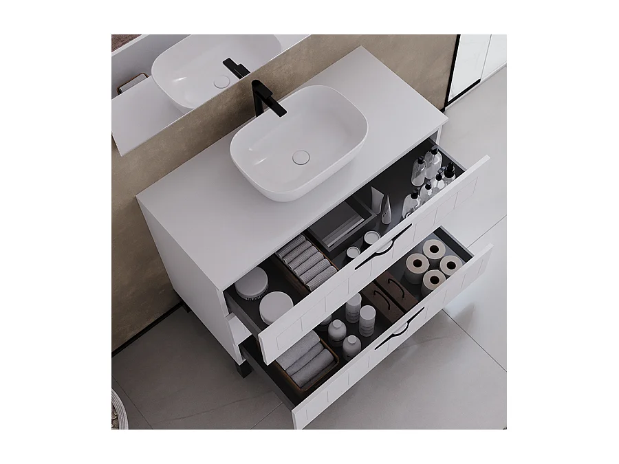 Meuble de salle de bain 100cm avec plateau et vasque à poser ovale - 3 tiroirs - blanc - CALA