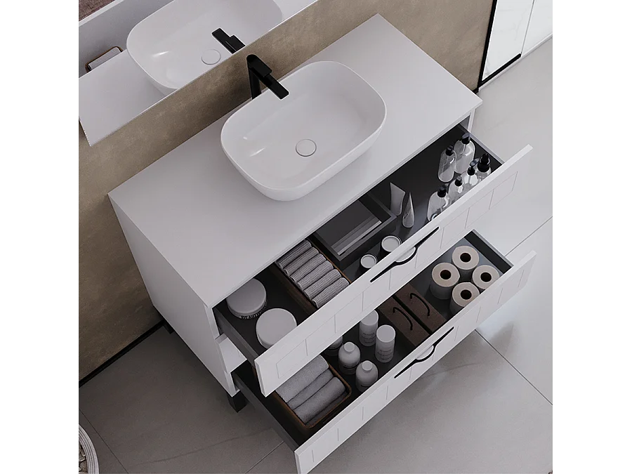 Meuble de salle de bain 100cm avec plateau et vasque à poser ovale - 3 tiroirs - blanc - CALA