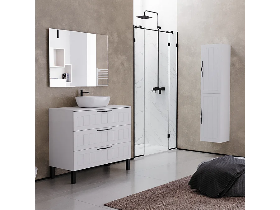 Meuble de salle de bain 100cm avec plateau et vasque à poser ovale - 3 tiroirs - blanc - CALA