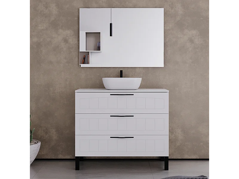 Meuble de salle de bain 100cm avec plateau et vasque à poser ovale - 3 tiroirs - blanc - CALA