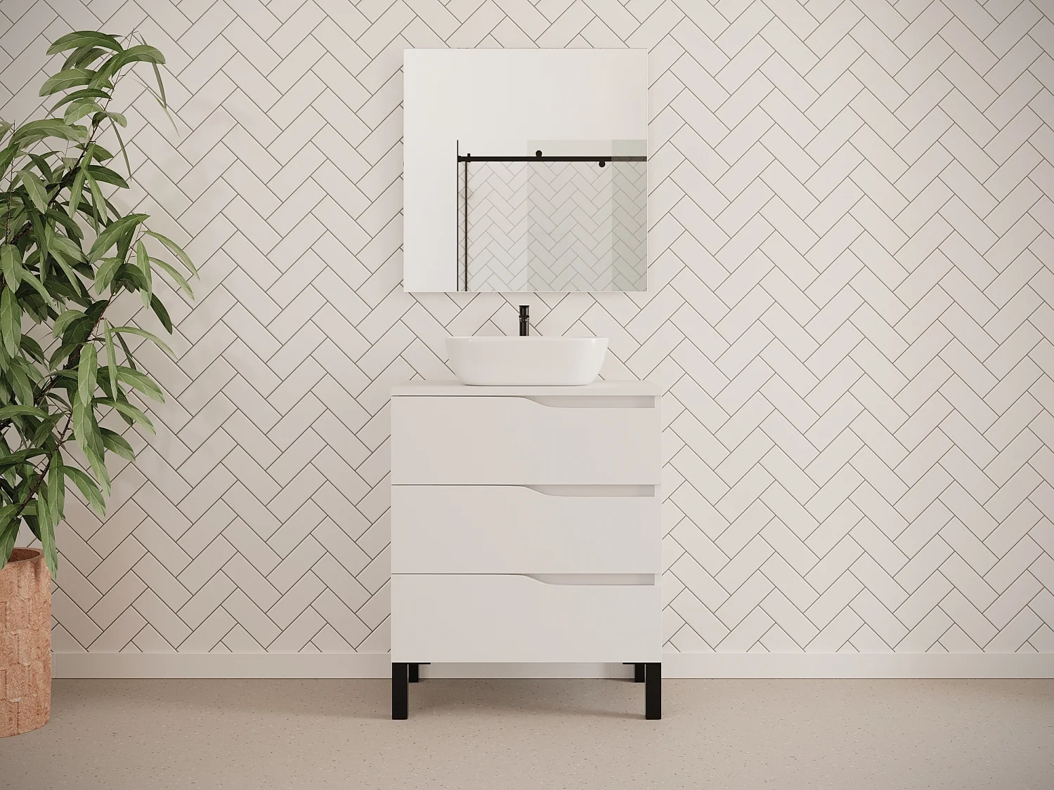 Meuble de salle de bain 70cm avec plateau et vasque à poser zeus - 3 tiroirs - sans miroir - blanc - MATA