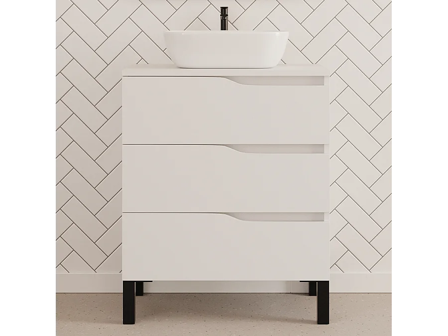 Meuble de salle de bain 70cm avec plateau et vasque à poser zeus - 3 tiroirs - sans miroir - blanc - MATA