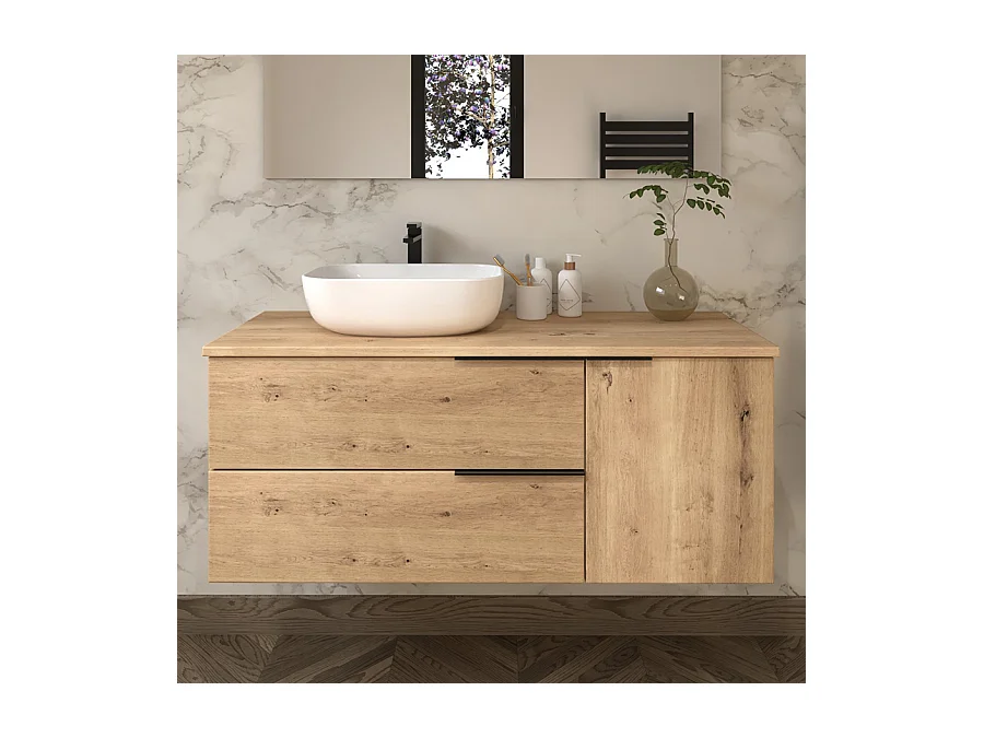 Meuble de salle de bain 100cm avec vasque à poser arrondie - 2 tiroirs - roble (chêne clair) - KING