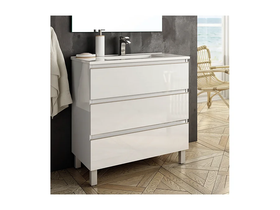 Meuble de salle de bain 80cm simple vasque - 3 tiroirs - sans miroir - PALMA - blanc