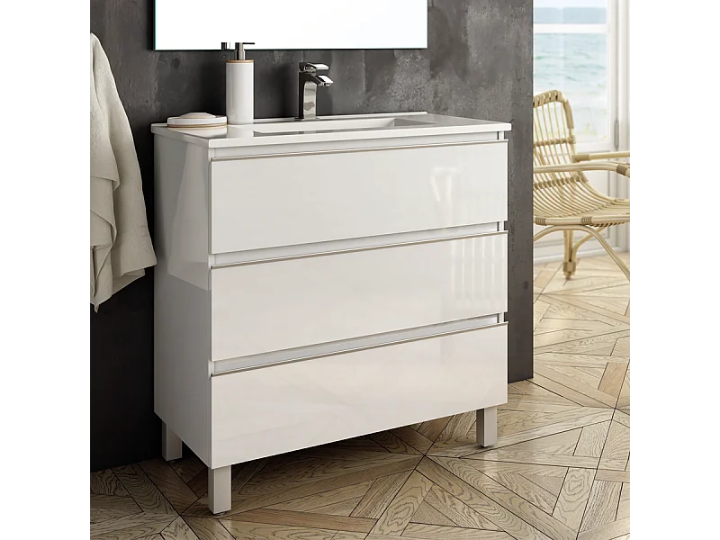 Meuble de salle de bain 80cm simple vasque - 3 tiroirs - sans miroir - PALMA - blanc